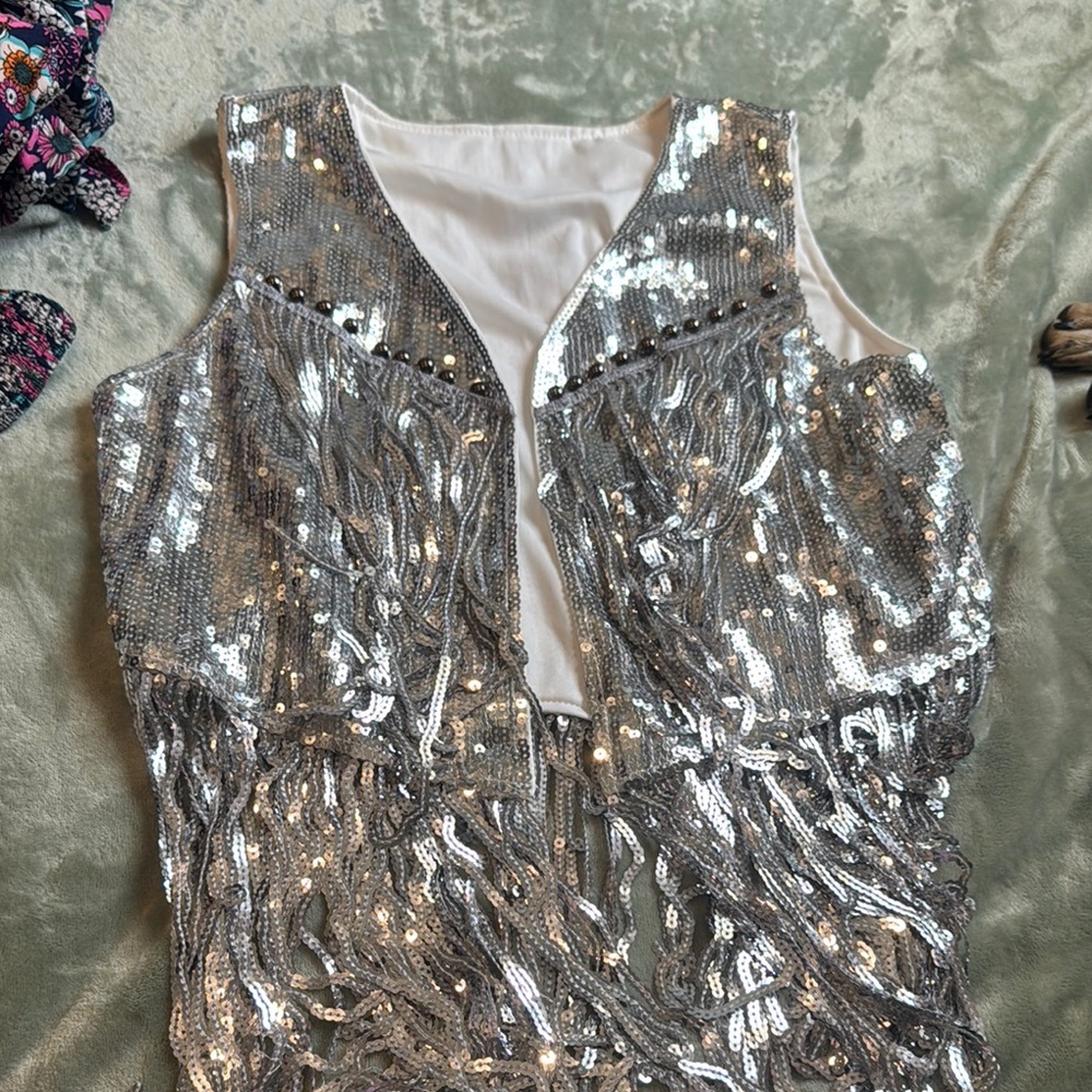 Shimmering Silver Sequin Vest with Fringe